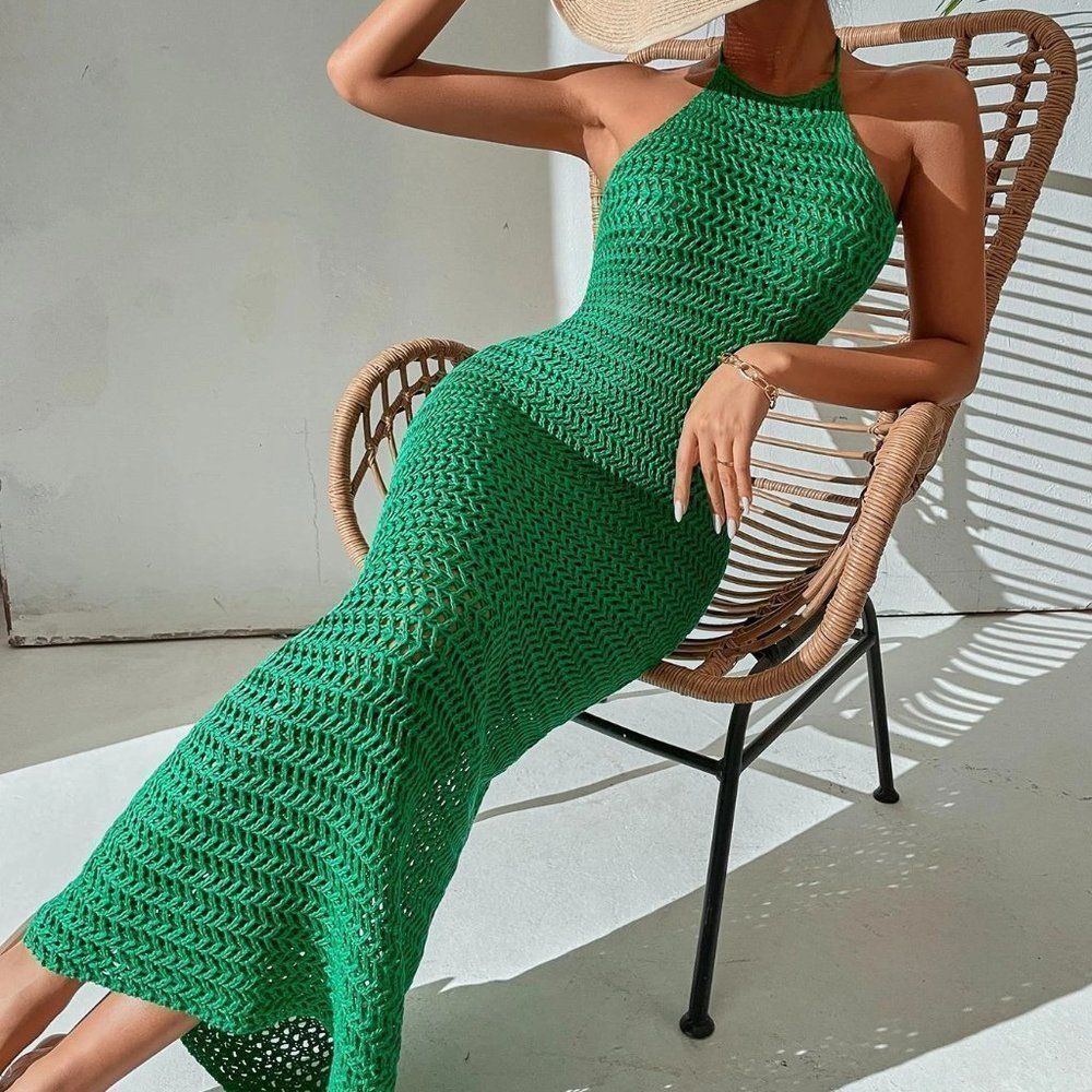 Boho Crochet Backless Halter Neck Bodycon Maxi Dress Green - Picture 5 of 6